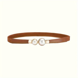 Pearl Pair Buckle Thin Belt Monochrome Elastic Waistband Vintage Style Dress Belts brown