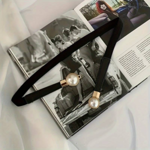 Pearl Pair Buckle Thin Belt Monochrome Elastic Waistband Vintage Style Dress Belts black