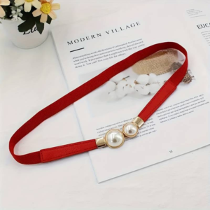Pearl Pair Buckle Thin Belt Monochrome Elastic Waistband Vintage Style Dress Belts red