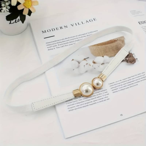 Pearl Pair Buckle Thin Belt Monochrome Elastic Waistband Vintage Style Dress Belts white