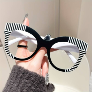 Cat Eye Clear Lens Glasses Mod Color Block Fashion Decorative Glasses Party black & white