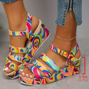 Women's Abstract Color Wedge Heeled Sandals, Casual Open Toe Platform Shoes, Comfortable Ankle Buckle Strap Sandals size 7.5